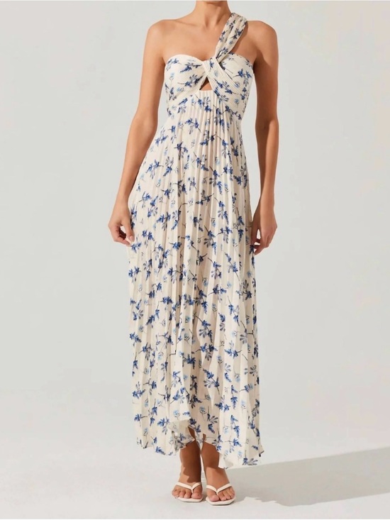 Astr Dresses & Skirts - Cream and Blue Floral One-Shoulder Maxi Dress